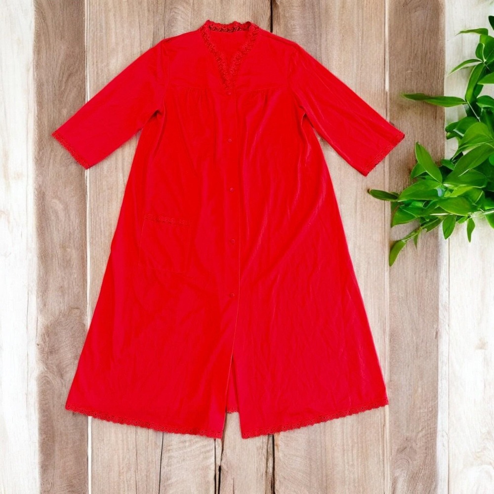 Shadowline Vintage Red Nylon Button Front Robe‎ Lace Trim Housecoat Womens Small